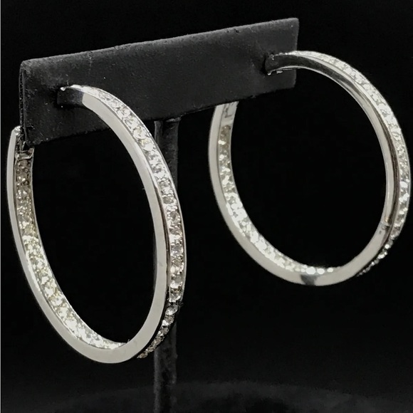 New Sterling Silver White Sapphire Minimalist Luxury Classic Hoop Earrings - Picture 15 of 16